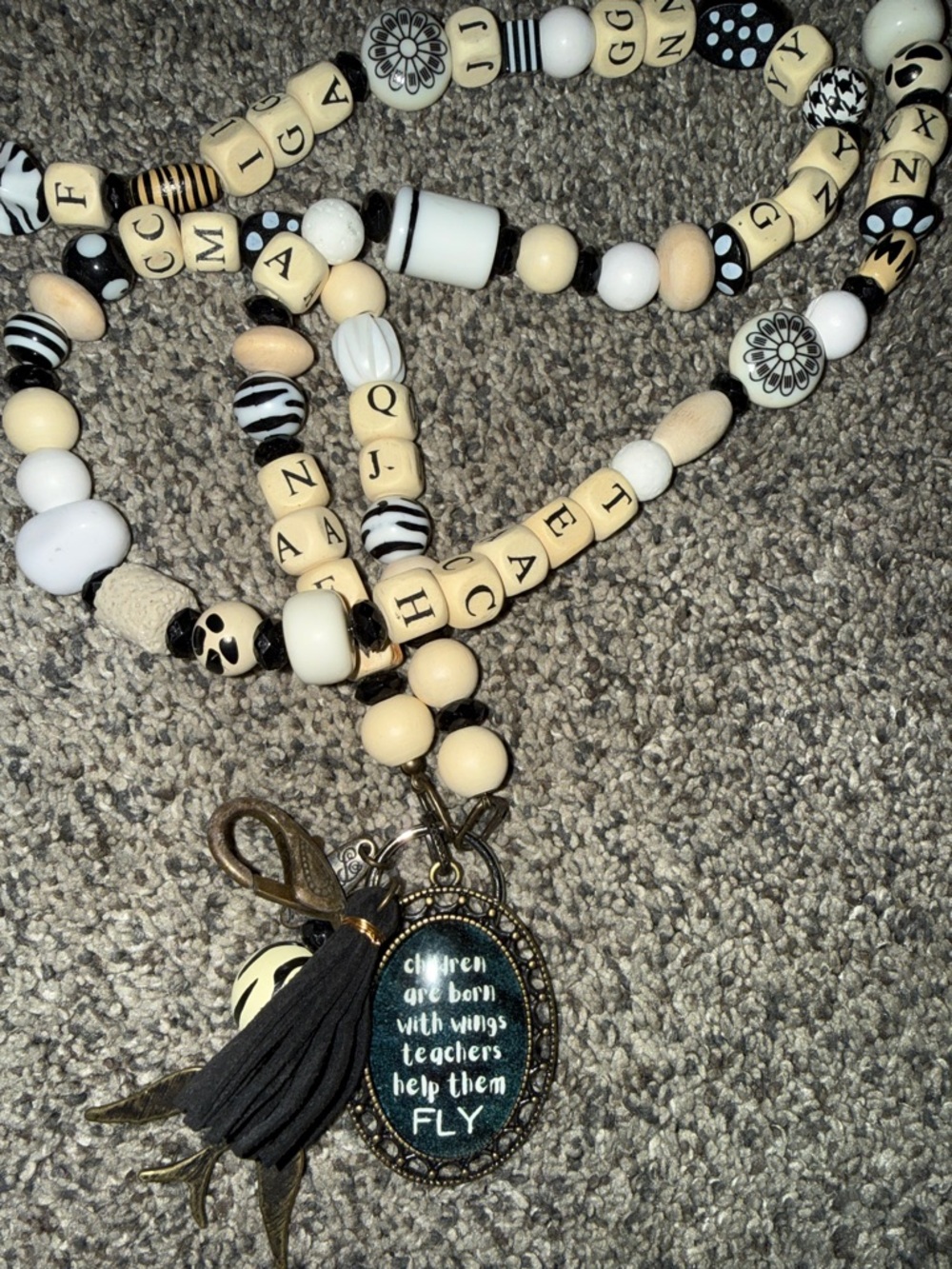 #1221 Plunder Black & Cream Teacher Charm Beaded Necklace/Lanyard